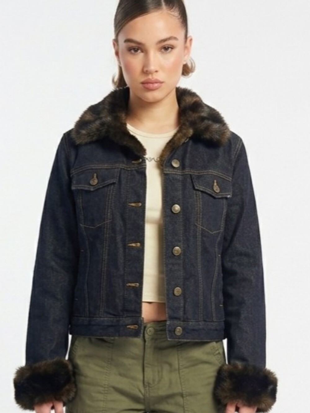 Fuda New York Faux Fur Trim Denim Jacket Y2K Dark Wash Glam Vintage Mob Wife - Picture 3 of 13